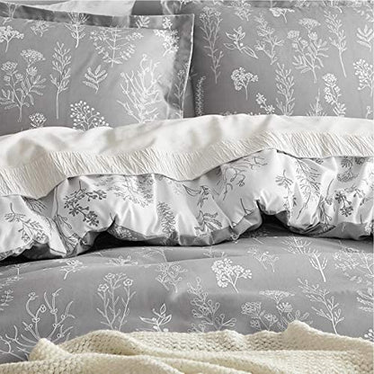 Bedsure Queen Comforter Set - Grey Comforter, Cute Floral Bedding Comforter Sets, 3 Pieces, 1 Soft Reversible Botanical Flowers Comforter and 2 Pillow Shams