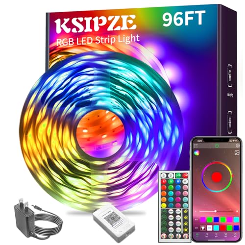 KSIPZE 96ft Led Strip Lights RGB Music Sync Color Changing Bluetooth Led Lights with Smart App Control Remote Led Lights for Bedroom Room Lighting Flexible Home Décor