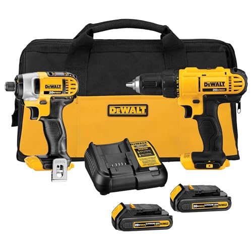 DEWALT 20V MAX Cordless Drill and Impact Driver, Power Tool Combo Kit , Includes 2 Batteries, Charger and Bag (DCK240C2)