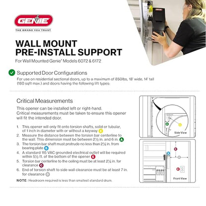 Genie B6172H Wall Mount Smart Garage Door Opener, DC Motor Lifts up to 14ft high 850lbs, Black