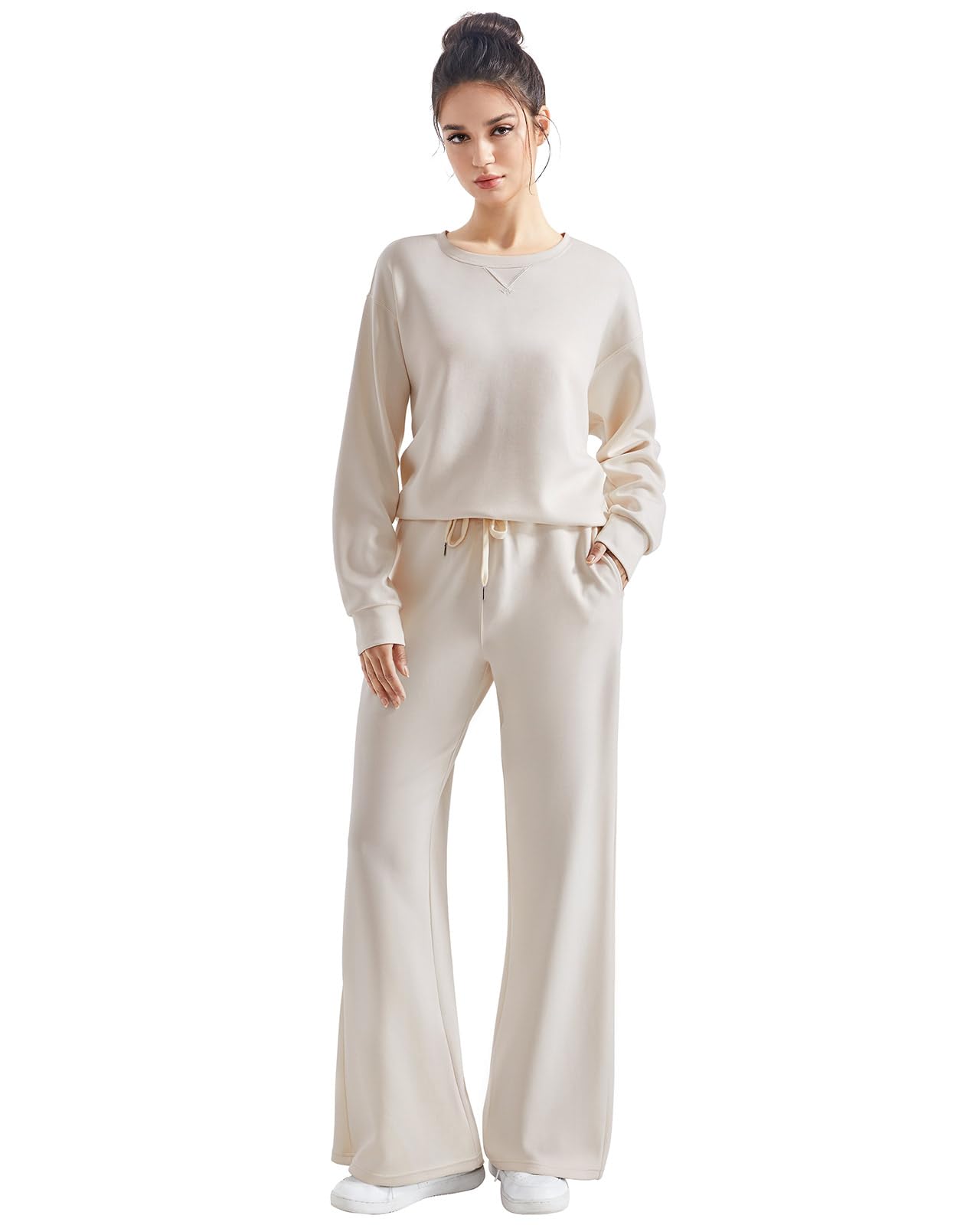 SUUKSESS Women Modal 2 piece outfits Oversized Sweatshirt Fall Lounge Set Wide Leg Pants Matching Sets (Apricot,S)