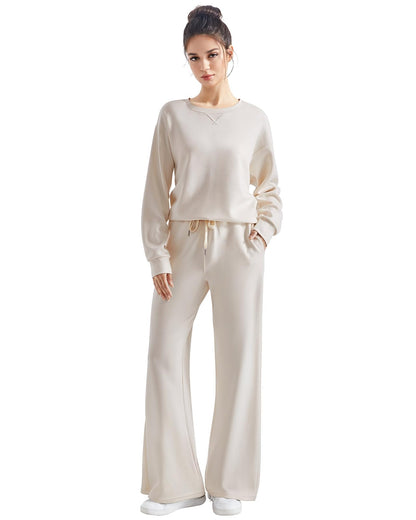SUUKSESS Women Modal 2 piece outfits Oversized Sweatshirt Fall Lounge Set Wide Leg Pants Matching Sets (Apricot,S)