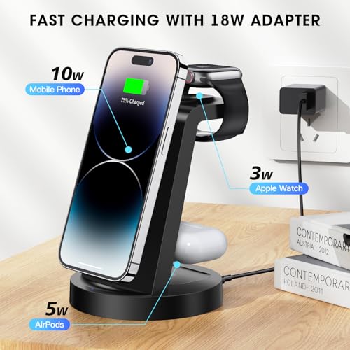 3 in 1 Charging Station for iPhone, Wireless Charger for iPhone 15 14 13 12 11 X Pro Max & Apple Watch - Wireless Charging Station for AirPods Pro 3 2