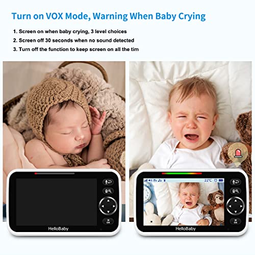 HelloBaby Upgrade Baby Monitor, 5''Sreen with 30-Hour Battery, Pan-Tilt-Zoom Video Baby Monitor with Camera and Audio, Night Vision, VOX, 2-Way Talk, 8 Lullabies and 1000ft Range No WiFi