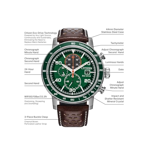 Citizen Men's Eco-Drive Weekender Brycen Chronograph Watch in Stainless Steel, Brown Preforated Leather Strap, Green Bezel, Time/Date, 3 Hand, Green Dial (Model:CA0851-05X)