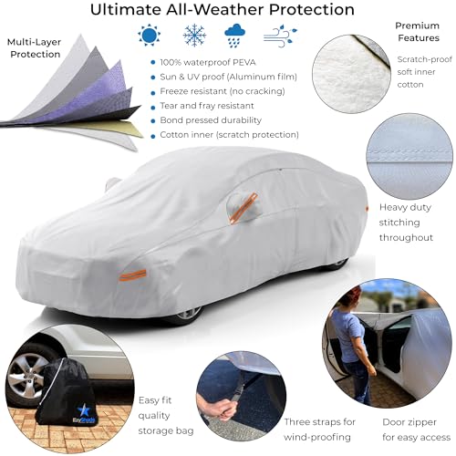 EzyShade 10-Layer Car Cover Waterproof All Weather - See Vehicle Size-Chart - Car Covers for Automobiles & Car Snow Cover - Full Exterior Covers - Winter Rain Sun SUV Sedan. Size A4 (See Size Chart)