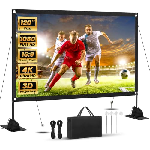 120inch Projector Screen with Stand: Portable Projector Screen Outdoor Indoor Front/Rear16:9 4K HD with Carry Bag Sandbag- Movie Screen for Backyard Moive Night, Camping, Theater