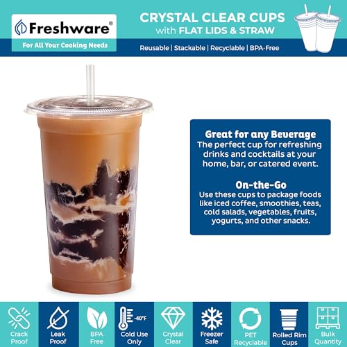 Freshware Clear Plastic Cups with Flat Lids and Straws [100 Cups - 20 oz] Disposable Tumblers for Iced Coffee, Smoothie, Milkshake, Cold Drinks