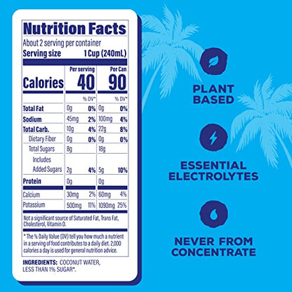 C2O The Orginal Coconut Water, Plant-Based Hydration, Non GMO, Essential Electrolytes, 10.5 FL OZ (Pack of 12), Slim Can