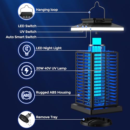 Bug Zapper Outdoor, Mosquito Zapper 2 in 1 Portable & Rechargeable Bug Zapper Outdoor with 4000mAh Battery & LED Night Light, 4000V Electric Fly Zapper for Outside,Patio,Backyard,Garden