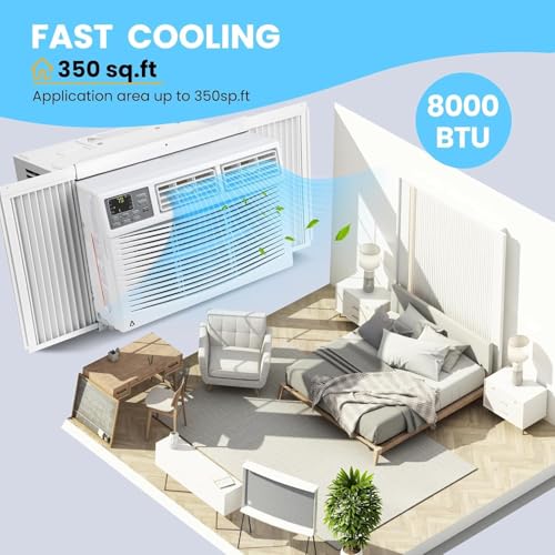 8000 BTU Window Air Conditioner, Window AC Unit 115V Cools Up to 350 Sq.Ft, Energy Saving with Remote & App Control & Timer, Perfect for Small Bedroom or Living Room, Easy Install Kit