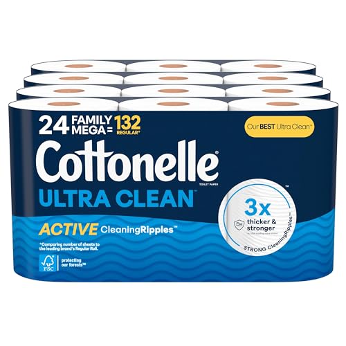 Cottonelle Ultra Clean Toilet Paper with Active CleaningRipples Texture, 24 Family Mega Rolls (24 Family Mega Rolls = 132 Regular Rolls) (4 Packs of 6), 353 Sheets Per Roll, Packaging May Vary