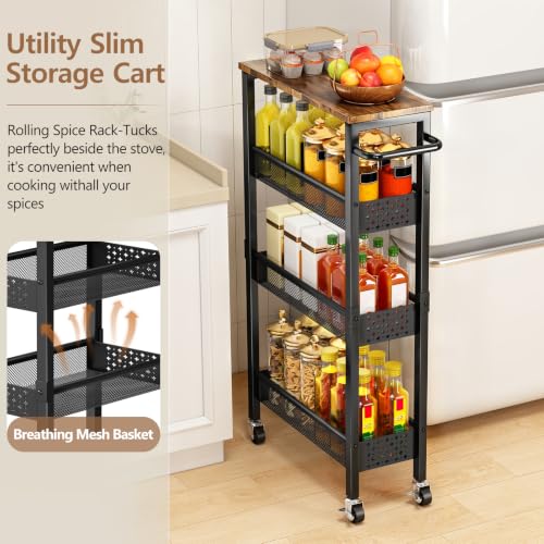 Gibyela 4-Tier Slim Utility Rolling Cart with Wheels, Wood Top, Metal | 7.1" Slim Design for Narrow Spaces, Wood Top with Metal Frame, Ideal for Laundry Room, Bathroom, Kitchen and Office