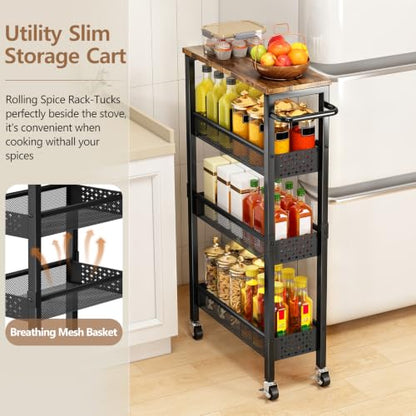 Gibyela 4-Tier Slim Utility Rolling Cart with Wheels, Wood Top, Metal | 7.1" Slim Design for Narrow Spaces, Wood Top with Metal Frame, Ideal for Laundry Room, Bathroom, Kitchen and Office