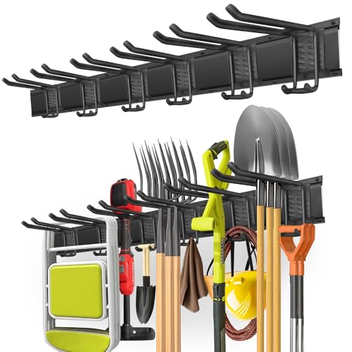PIYILO Garage Tool Organizer Wall Mount with 48 inches Rails and 6 Double-layer Hooks, Garden Tool Rack Heavy Duty, Garage Hanging Storage Rack For Yard Tools, Shovel, Shed