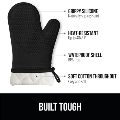 Gorilla Grip BPA-Free Soft Silicone Oven Mitts, Heat and Slip Resistant Thick Cotton Lined Cooking Mitt Set, Long Flexible Potholders Protect Hands, Kitchen Essential Waterproof Gloves, 12.5" Black