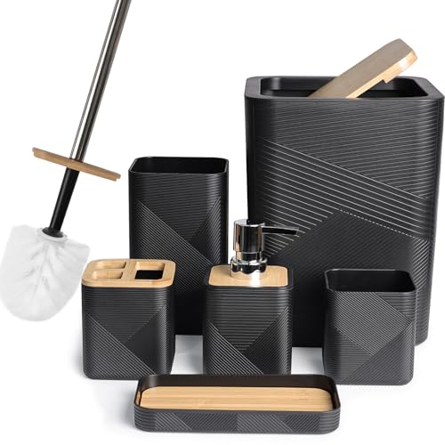 CERBIOR Bamboo Bathroom Accessories Set 6 Piece Square Spiral Set,Black