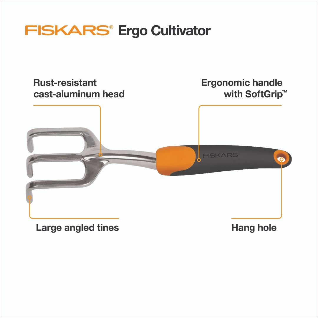Fiskars Ergo Cultivator for Digging, Aerating Soil, and Weeding, Heavy Duty Garden Tool with Hanging Hole