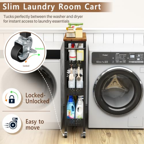 Gibyela 4-Tier Slim Utility Rolling Cart with Wheels, Wood Top, Metal | 7.1" Slim Design for Narrow Spaces, Wood Top with Metal Frame, Ideal for Laundry Room, Bathroom, Kitchen and Office