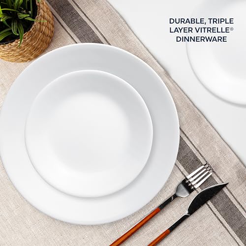 Corelle Vitrelle 18-Piece Service for 6 Dinnerware Set, Triple Layer Glass and Chip Resistant, Lightweight Round Plates and Bowls Set, Winter Frost White