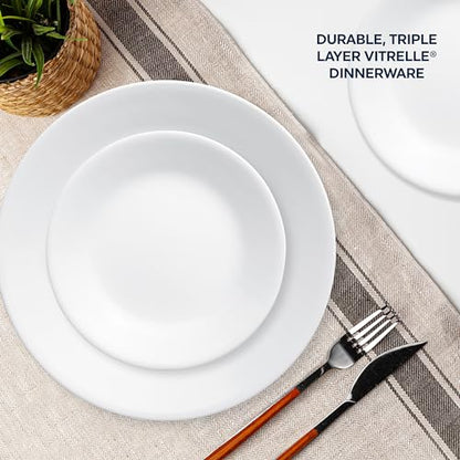 Corelle Vitrelle 18-Piece Service for 6 Dinnerware Set, Triple Layer Glass and Chip Resistant, Lightweight Round Plates and Bowls Set, Winter Frost White