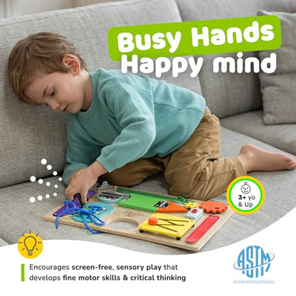 deMoca Busy Board for Toddlers, Montessori Wooden Activity Board with 10 Educational Activities for Learning Fine Motor Skills, Kids Travel Toy for Boys & Girls, Packaging May Vary