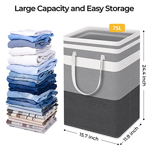 HomeHacks 2-Pack Large Laundry Basket, Waterproof, Freestanding Laundry Hamper, Collapsible Tall Clothes Hamper with Extended Handles for Clothes Toys in the Dorm and Family-(Gradient Grey, 75L)