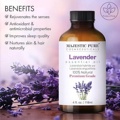 MAJESTIC PURE Lavender Essential Oil - Huge 4 fl oz with Glass Dropper | 100% Pure and Natural Lavender Oil | Premium Grade Essential Oils for Diffusers, Skin, Aromatherapy, Massage