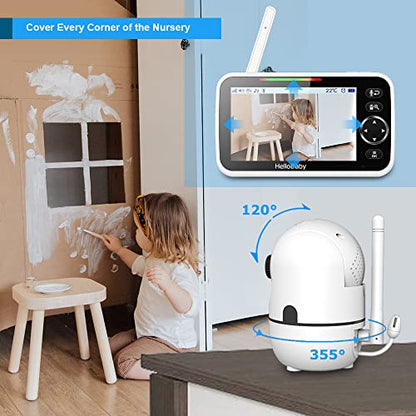 HelloBaby Upgrade Baby Monitor, 5''Sreen with 30-Hour Battery, Pan-Tilt-Zoom Video Baby Monitor with Camera and Audio, Night Vision, VOX, 2-Way Talk, 8 Lullabies and 1000ft Range No WiFi