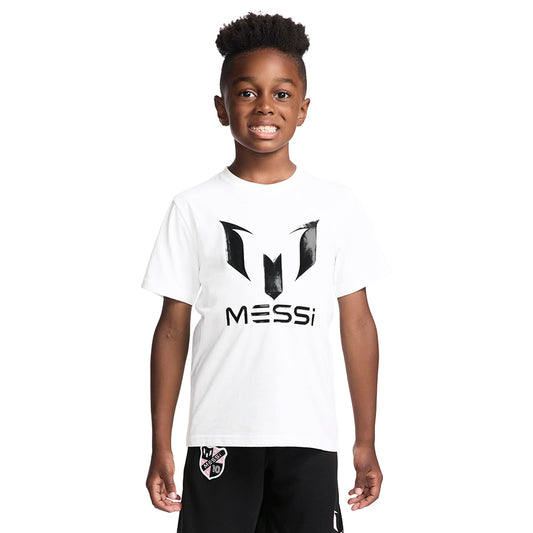 Messi Boys' Lifestyle Short Sleeve T-Shirt, Standard Fit Logo Tee, Cotton Blend Fabric, Bright White