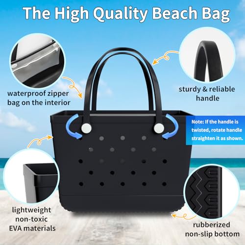 Heibbao X-Large Rubber Beach Bag Tote Bag with Waterproof Zipper Inner Bag, Washable Durable Tote Bag, Storage bags (Black)