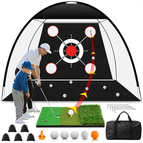 EXOEMTS Golf Net 10x7FT with Tri-Turf Mat, Ball, Target & Bag, All-in-One Golf Practice Hitting Net for Backyard Driving, Chipping & Swing, Indoor Outdoor Training Aid, Gift for Men Dad Him Golfer