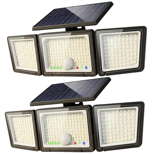Solar Outdoor Lights Motion Sensor, 3500LM 286 LED Security Flood Lights with Visual Battery & Mode Display, 3 Lighting Modes, IP65 Waterproof 3-Head Wide Angle for Garage, Yard, Patio (2 Pack)