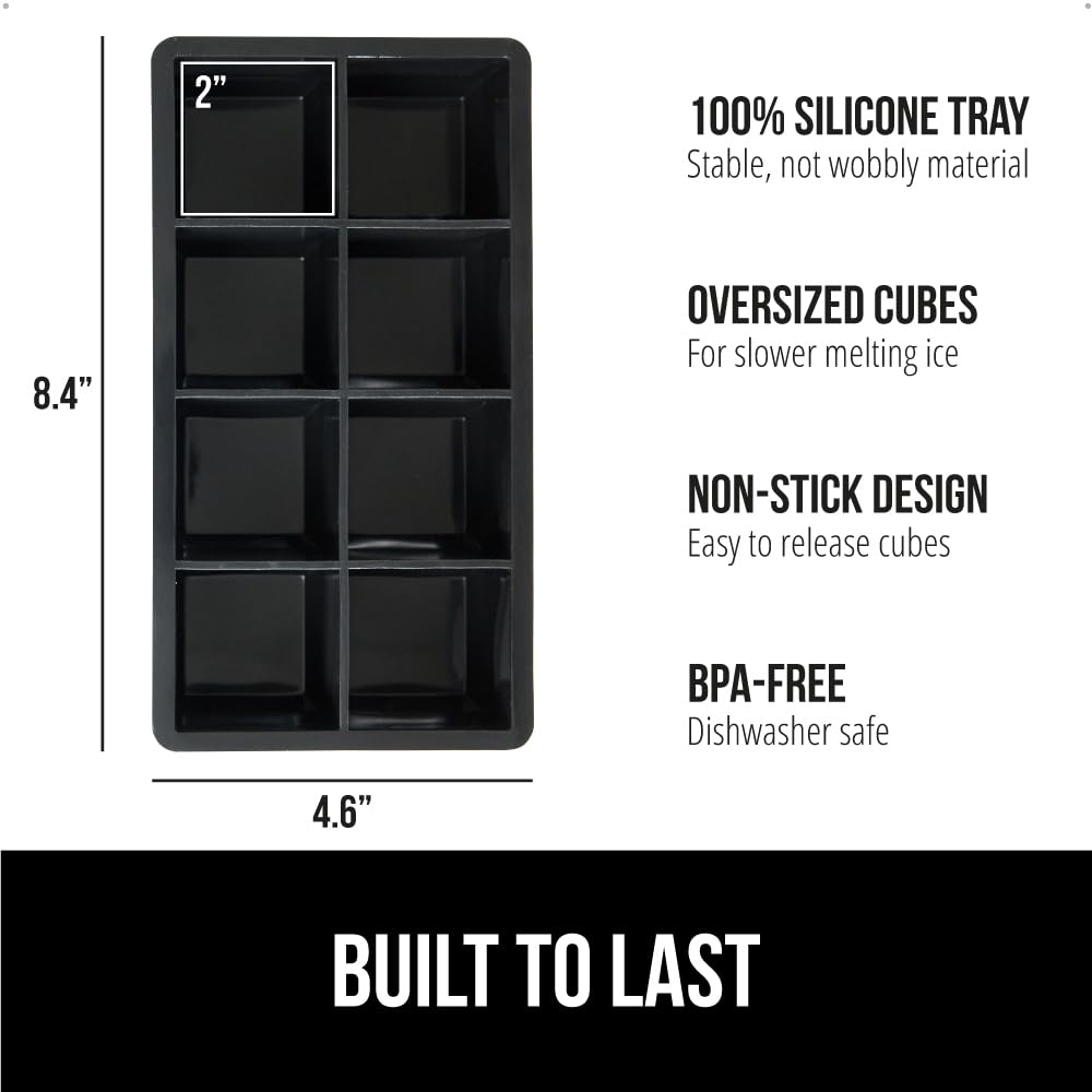 Gorilla Grip Slow Melting Large Silicone Ice Cube Tray for Freezer, 2 Pack, Easy to Push 8 Giant Square Cubes, Use for Cocktails, Iced Coffee, Water Bottle, Frozen Puree, Kitchen Bar Essentials, Black