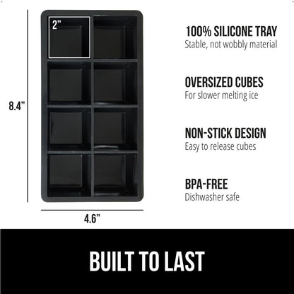 Gorilla Grip Slow Melting Large Silicone Ice Cube Tray for Freezer, 2 Pack, Easy to Push 8 Giant Square Cubes, Use for Cocktails, Iced Coffee, Water Bottle, Frozen Puree, Kitchen Bar Essentials, Black