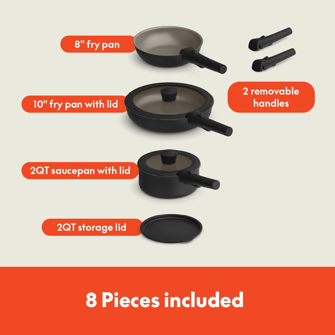 bella 8 Piece Removable Handle Cookware Set, Fits-anywhere™ Kitchenware w EverGood™ Ceramic Nonstick Coating, Dishwasher & Oven Safe, All Stovetops Compatible, Glass Lids with Silicone Rims, Black