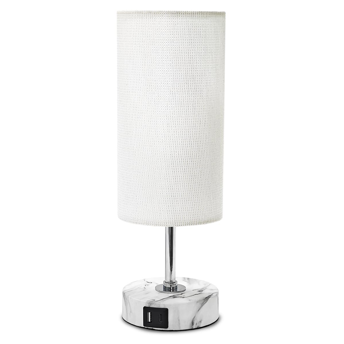 LuxeBeam 3-Way Dimmable Bedside Touch Lamp - USB-C and USB-A Ports, Faux Marble Base, White Shade with Silver Thread, Includes 8W LED Bulb for Bedroom, Living Room, Desk
