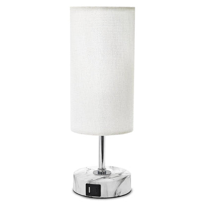 LuxeBeam 3-Way Dimmable Bedside Touch Lamp - USB-C and USB-A Ports, Faux Marble Base, White Shade with Silver Thread, Includes 8W LED Bulb for Bedroom, Living Room, Desk