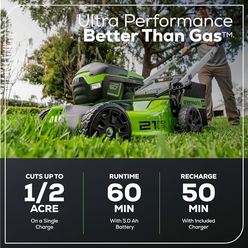 Greenworks 60V 21” Cordless (Push) Lawn Mower (LED Lights + Aluminum Handles), 5.0Ah Battery and Rapid Charger