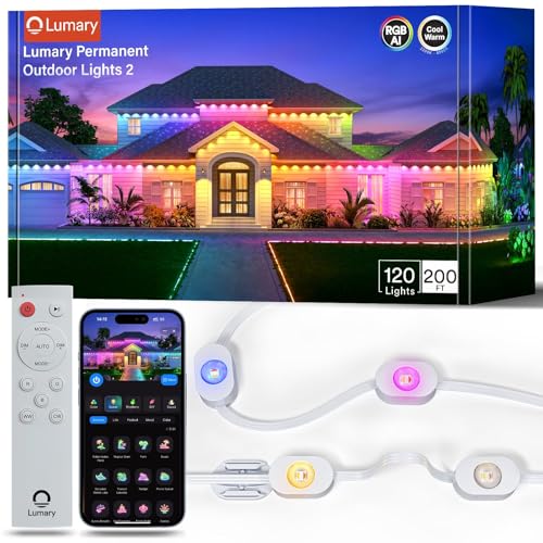 Lumary Permanent Outdoor Lights 2 with Remote, 200ft with 120 RGBAICW LEDs 7200lm for Daily & Accent Lighting, 110+ Scene Modes for Christmas Decor, IP67 Waterproof, Work with Alexa, Google, White