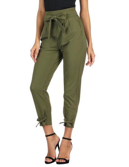 GRACE KARIN Womens Casual High Waist Pencil Pants with Pockets Bow-Knot Cropped Paper Bag Pants for Work Army Green S