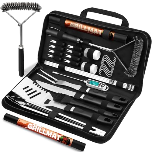 RINPIR 31pcs BBQ Grill Accessories Gifts for Men Dad, Heavy Duty Grilling Tools Gift Set for Father's Day, Stainless Steel BBQ Utensils Kit with Mats, Grill Brush in Carrying Bag Black