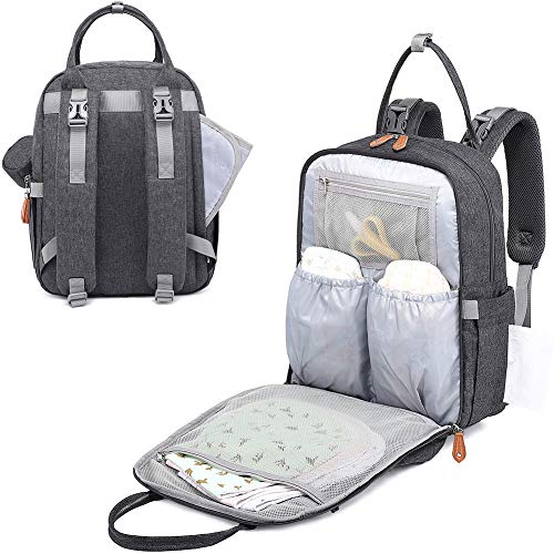 BabbleRoo Diaper Bag Backpack - Multi function Waterproof Diaper Bag, Travel Essentials Baby Tote with Changing Pad, Stroller Straps & Pacifier Case - Unisex, Dark Gray