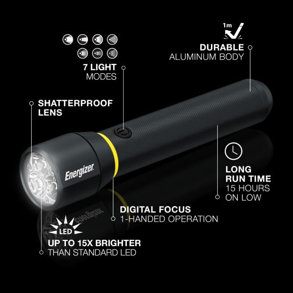 ENERGIZER LED Flashlight VISION PRO, Ultra Bright 1000+ Lumens, IPX4 Water Resistant, Aircraft-Grade Aluminum LED Light, Rugged Metal Flash Light for Outdoors, Emergency Power Outage, Black