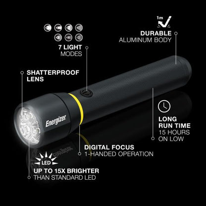 ENERGIZER LED Flashlight VISION PRO, Ultra Bright 1000+ Lumens, IPX4 Water Resistant, Aircraft-Grade Aluminum LED Light, Rugged Metal Flash Light for Outdoors, Emergency Power Outage, Black