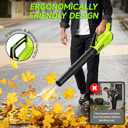 Leaf Blower Cordless, Leaf Blower with Battery and Charger - 2 Speed Modes, 2 Batteries, 20V Powerful Lightweight Electric Blowers for Blowing Leaves, Lawn Care, Patio, Green
