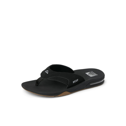 Reef Fanning Mens Bottle Opener Flip Flop, Arch Support, Durable Outsole, Water Friendly, Black/Silver, 10