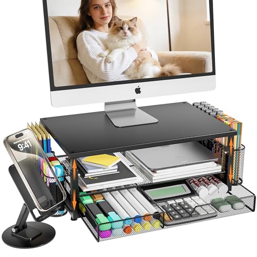 KinSdooder Desk Organizer and Accessories with Cellphone Holder, Height Adjustable 2-Tier Computer Monitor Stand Riser with Drawer and 2 Pen Holders,Office Desk Accessories for Office Supplies, Black