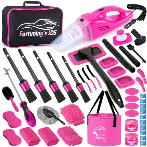 47PCS Car Detailing Kit Interior Cleaner, Car Cleaning Supplies with High Power Car Vacuum Cleaner,Auto Detailing Kit,Car Wash Kit with Bucket Detailing Brush Set,Pink Car Accessories for Women