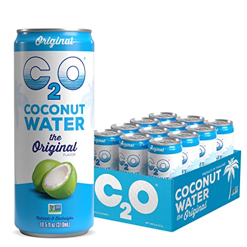 C2O The Orginal Coconut Water, Plant-Based Hydration, Non GMO, Essential Electrolytes, 10.5 FL OZ (Pack of 12), Slim Can